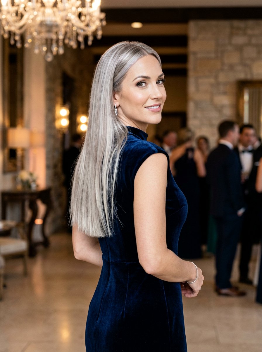 Long Straight Silver Beige Blend - 20 silver beige blend for mature women - 20 silver beige blend for mature women