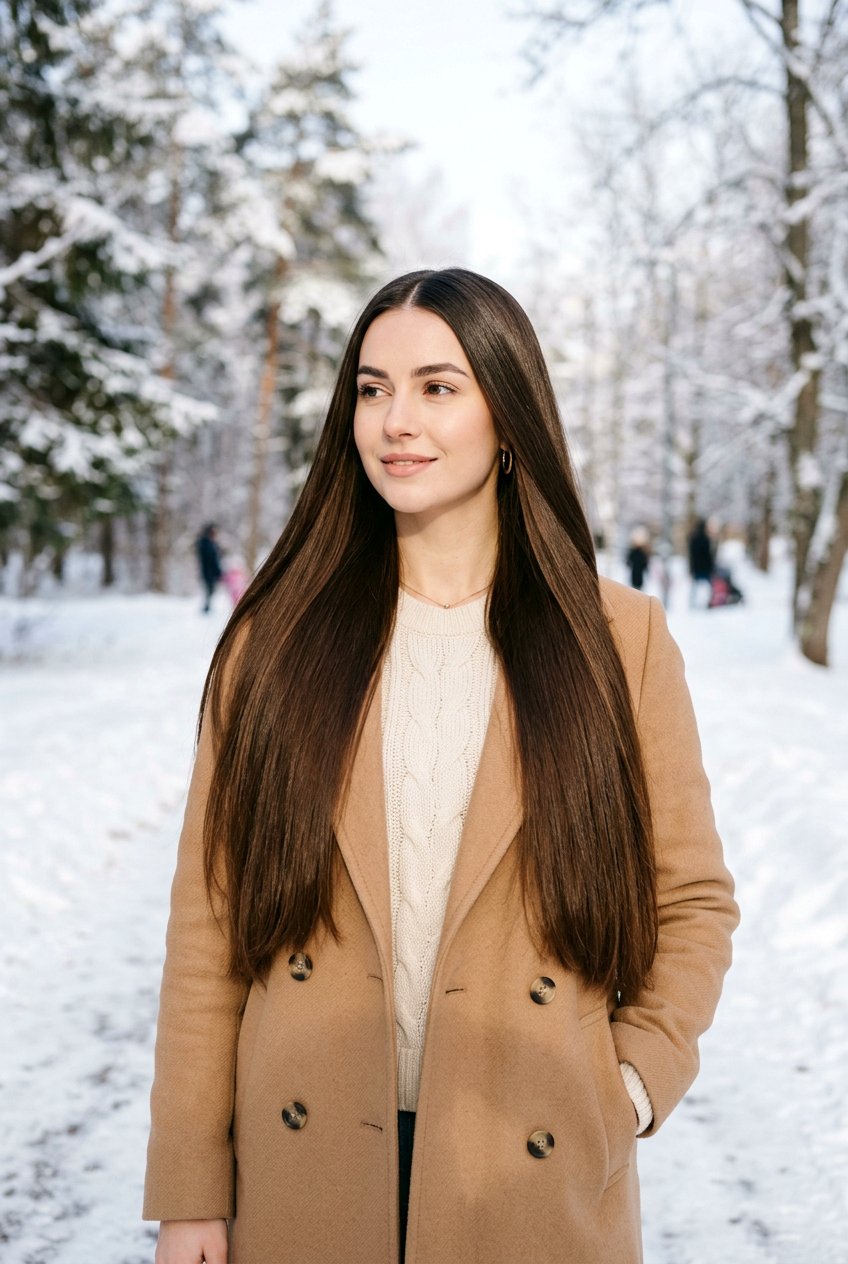 Long Straight Winter Hair With Center Part - 20 winter hairstyles for women - 20 winter hairstyles for women
