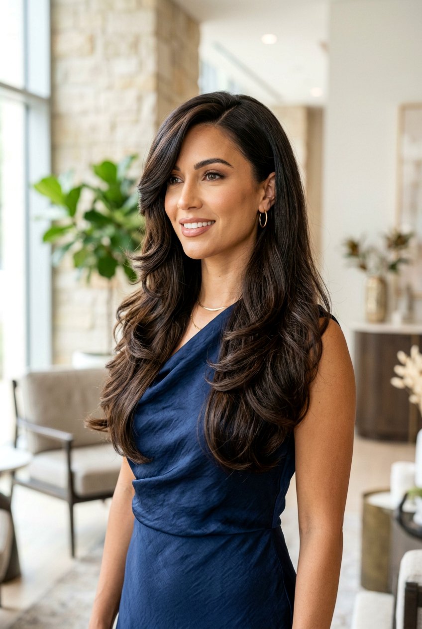 Long Swooped Layers with Side Part - 20 long layers for round face women - 20 long layers for round face women