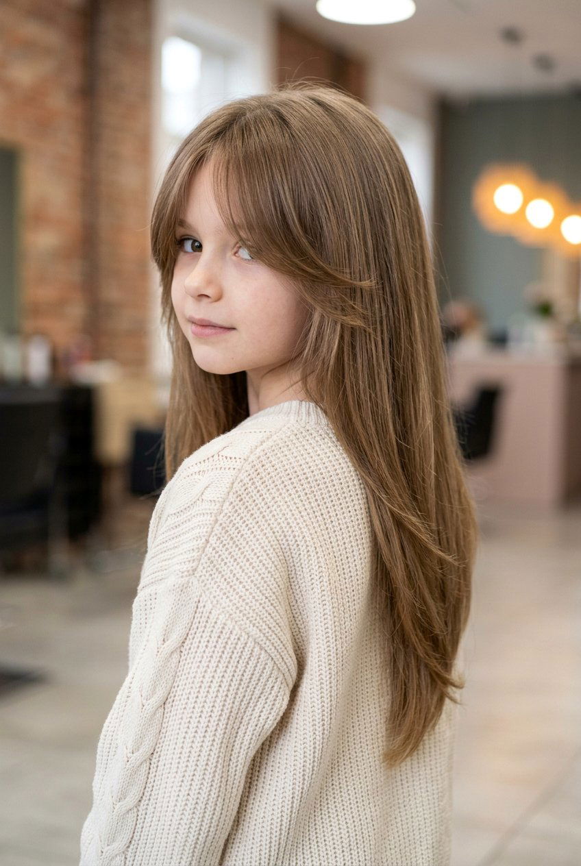 Long V Cut Hair With Face Framing Curtain Bangs - 20 long haircut for little girls with curtain bangs - 20 long haircut for little girls with curtain bangs