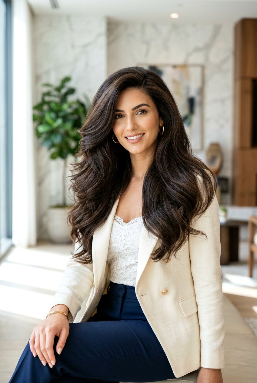 Long Voluminous Blowout With Deep Side Part - 20 long haircut with deep side part - 20 long haircut with deep side part