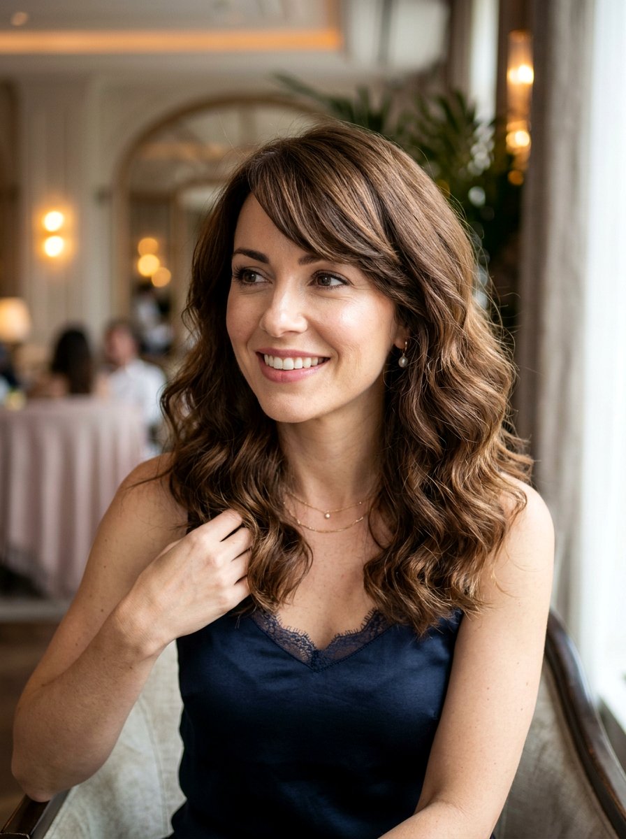 Long Wavy Bob With Side Swept Bangs - 20 wavy shoulder length haircut with bangs - 20 wavy shoulder length haircut with bangs