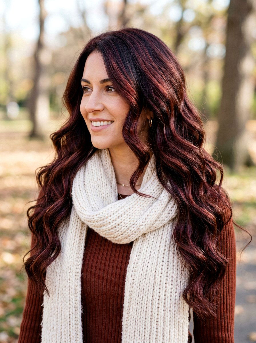 Long Wavy Hair With Cherry Cola Highlights - 20 winter cherry cola highlights - 20 winter cherry cola highlights
