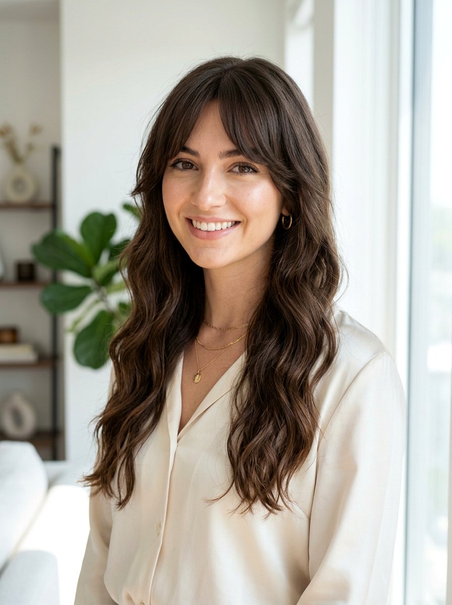 Long Wavy Hair With Curtain Bangs - 20 wavy layered haircut for thick hair women - 20 wavy layered haircut for thick hair women