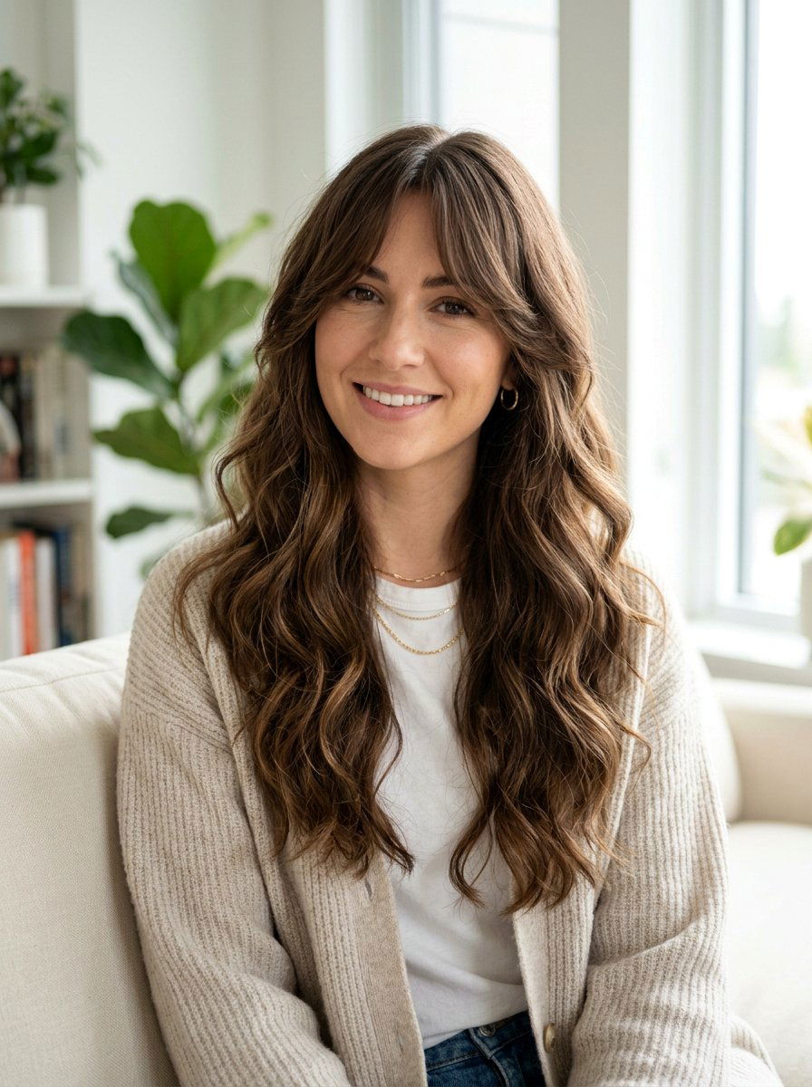 Long Wavy Hair With Deep Side Part And Curtain Bangs - 20 wavy haircut with deep side part - 20 wavy haircut with deep side part