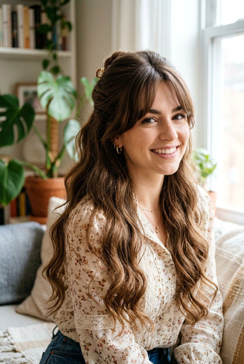 Long Wavy Haircut With Curtain Bangs Half Up Look - 20 long wavy haircut with curtain bangs - 20 long wavy haircut with curtain bangs