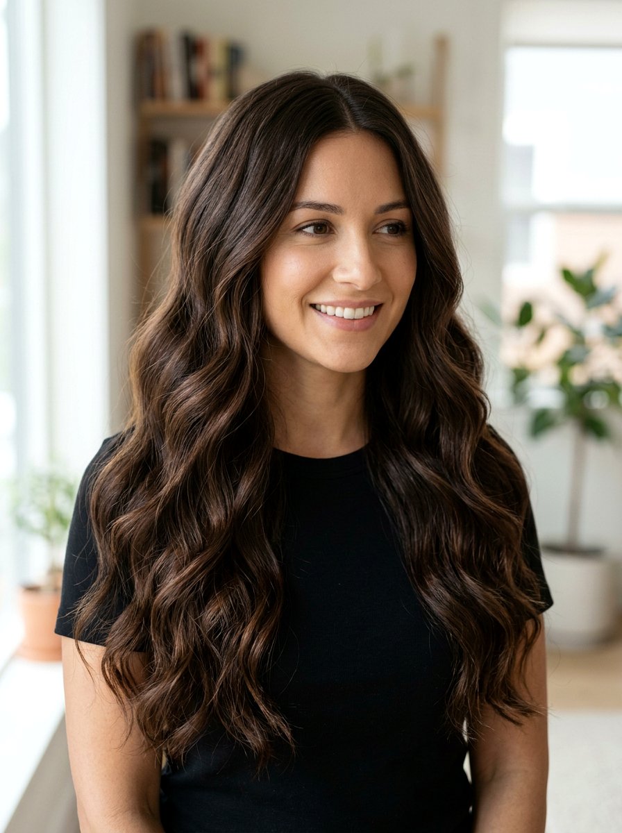 Long Wavy Haircut With Dark Chocolate Waves - 20 romantic wavy haircut for long hair - 20 romantic wavy haircut for long hair