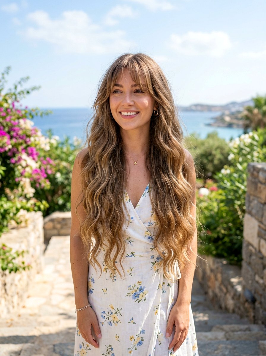Long Wavy Haircut With Face Framing Wispy Bangs - 20 wavy haircut with wispy bangs - 20 wavy haircut with wispy bangs
