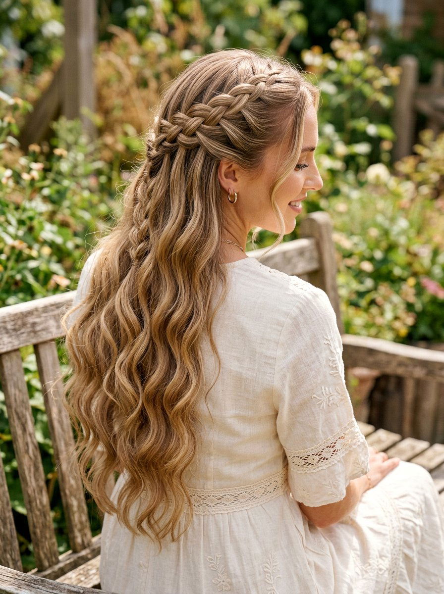 Long Wavy Haircut With Waterfall Braid - 20 romantic wavy haircut for long hair - 20 romantic wavy haircut for long hair