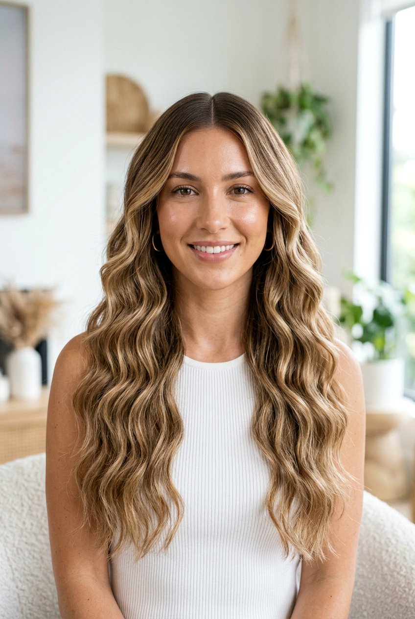 Long Wavy Layers With Center Part - 20 long wavy layers for round face - 20 long wavy layers for round face
