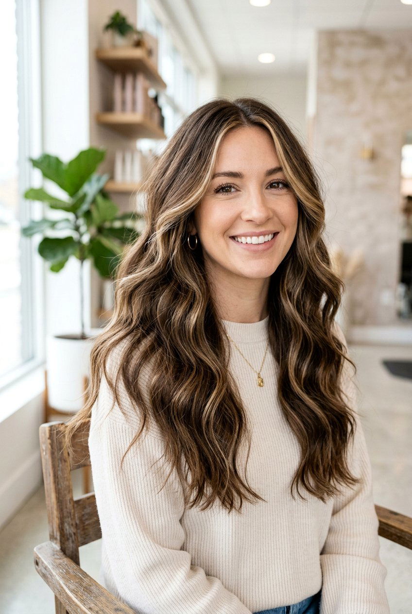 Long Wavy Layers With Face Framing Highlights - 20 long wavy layers for round face - 20 long wavy layers for round face