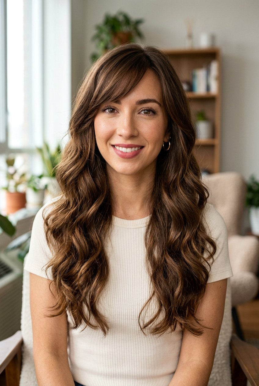 Long Wavy Layers With Side Swept Bangs - 20 long wavy layers for round face - 20 long wavy layers for round face