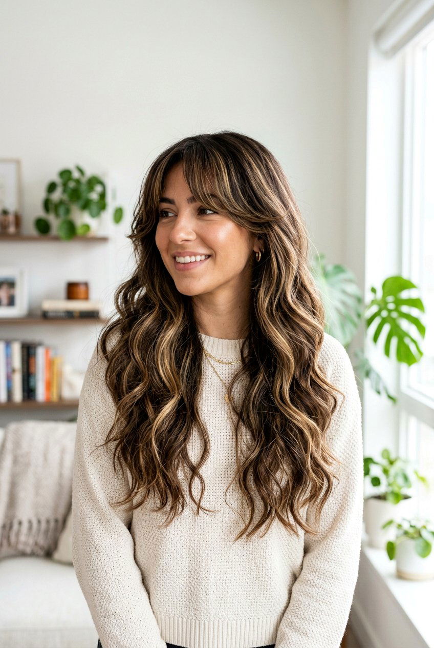 Long Wavy Layers with Curtain Bangs and Highlights - 20 long wavy layers for thick hair - 20 long wavy layers for thick hair