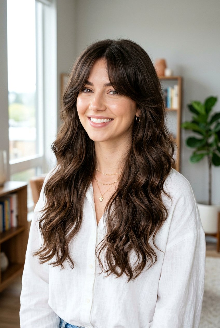 Long Wavy Layers with Curtain Bangs - 20 long wavy layers for thick hair - 20 long wavy layers for thick hair