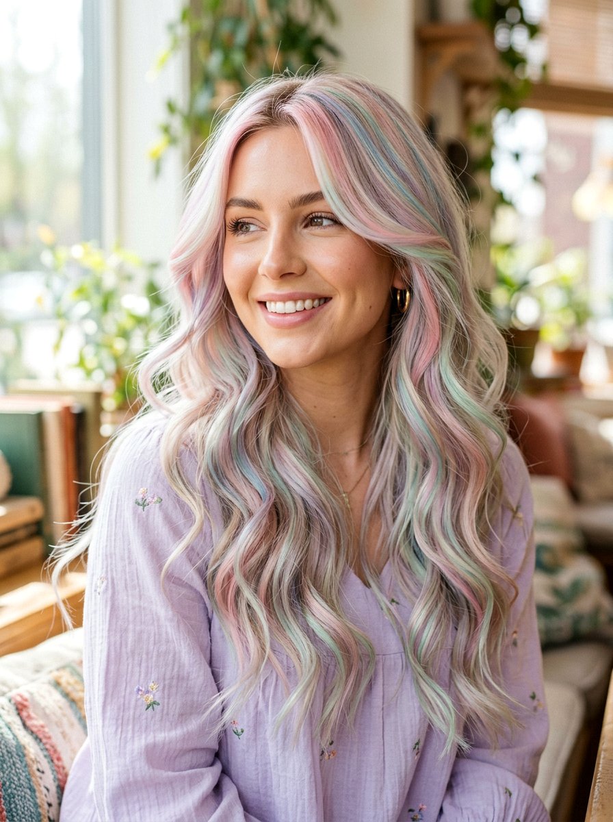 Long Wavy Opal Balayage With Pastel Pink And Blue - 20 opal balayage hair - 20 opal balayage hair