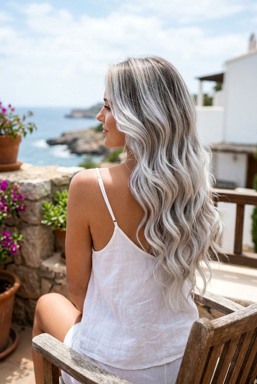 Long White Silver Balayage Waves - 20 white silver balayage - 20 white silver balayage