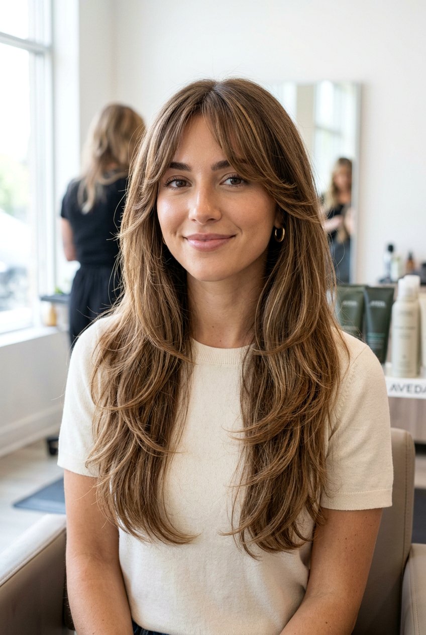 Long feather cut with curtain bangs - 20 feather cut for long hair - 20 feather cut for long hair