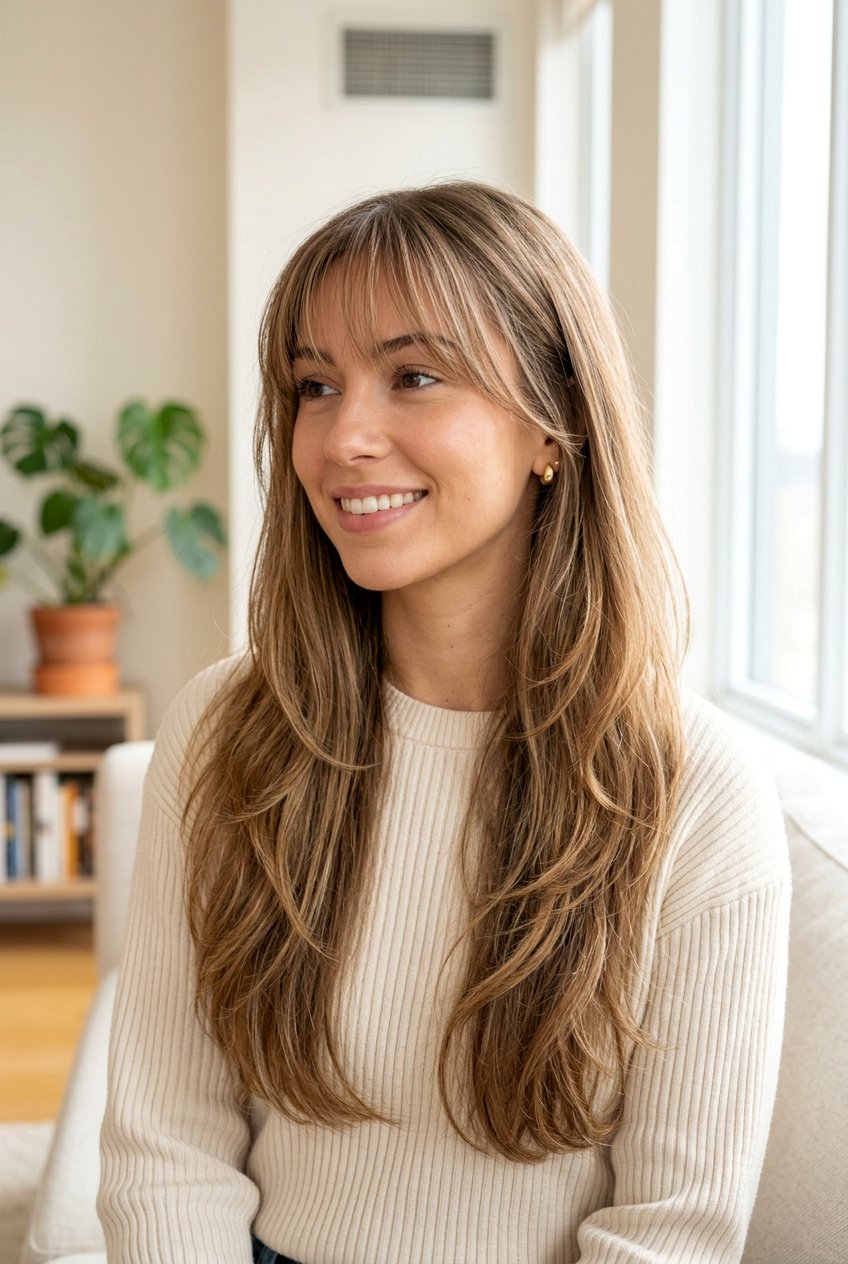 Long hair with wispy bangs - 20 long haircuts for round faces - 20 long haircuts for round faces