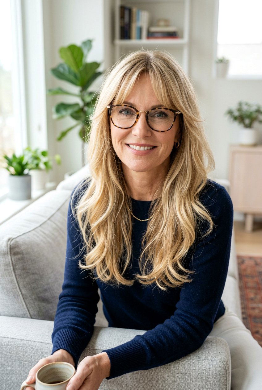 Long layers with curtain bangs - 20 hairstyles for women over 40 with glasses - 20 hairstyles for women over 40 with glasses