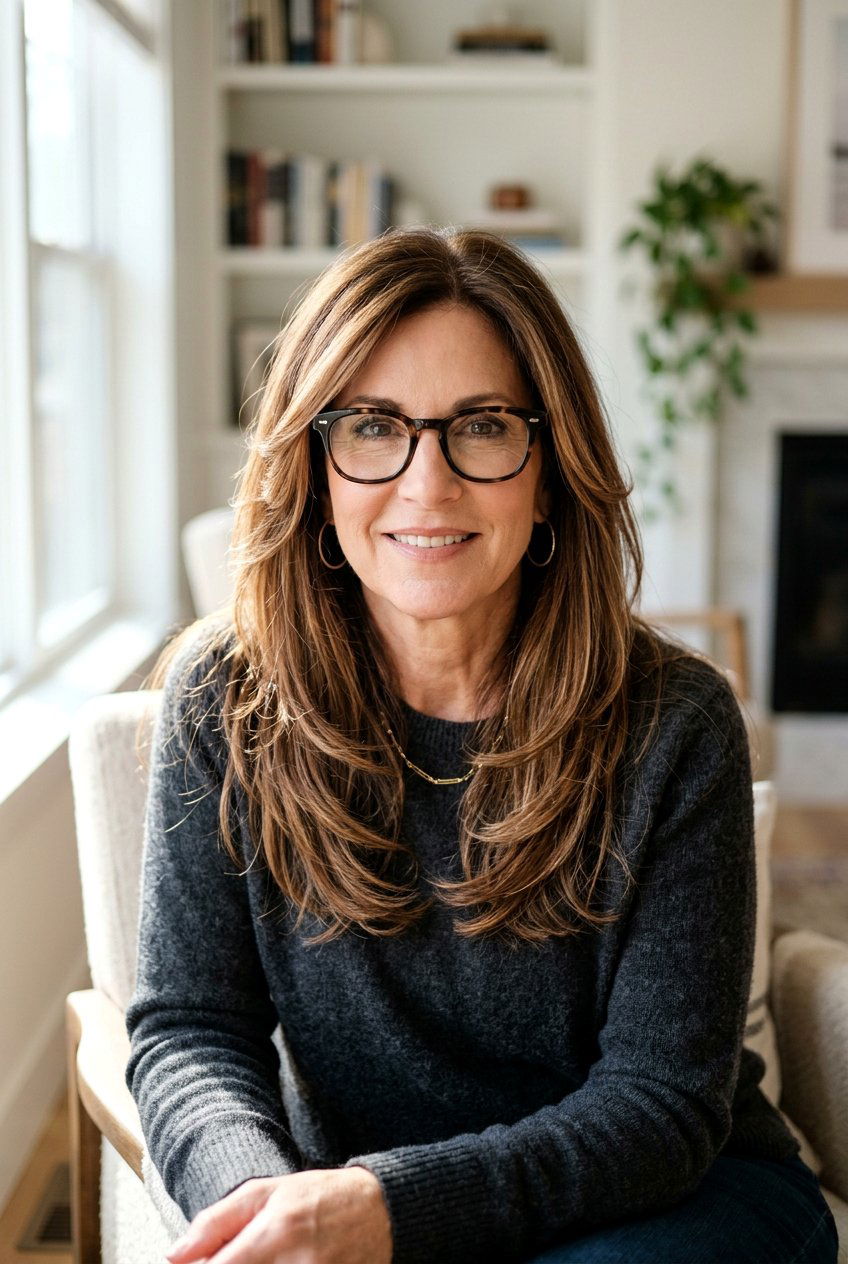 Long layers with face framing pieces - 20 hairstyles for women over 50 with glasses - 20 hairstyles for women over 50 with glasses