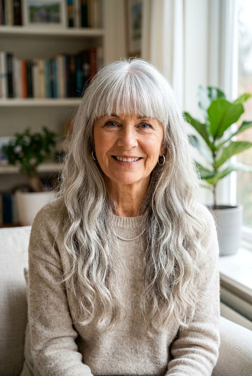 Long silver hair with fringe - 20 gray hairstyles for older women - 20 gray hairstyles for older women