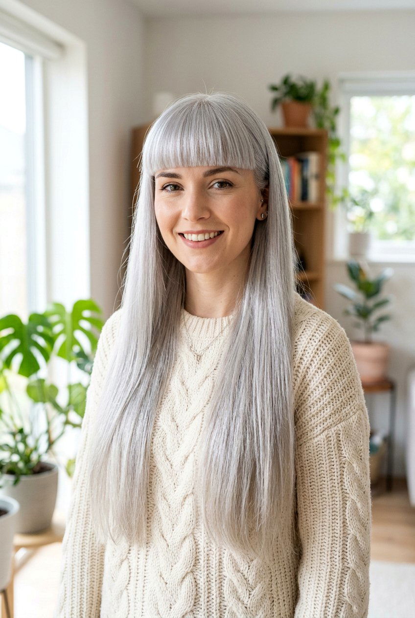 Long silver hair with fringe - 20 elegant silver hairstyles for women - 20 elegant silver hairstyles for women
