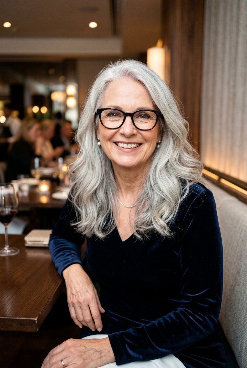 Long silver hair with soft waves - 20 hairstyles for women with glasses over 60 - 20 hairstyles for women with glasses over 60