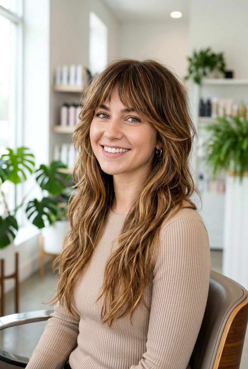 Long wolf cut with caramel balayage - 20 long wolf cut - 20 long wolf cut