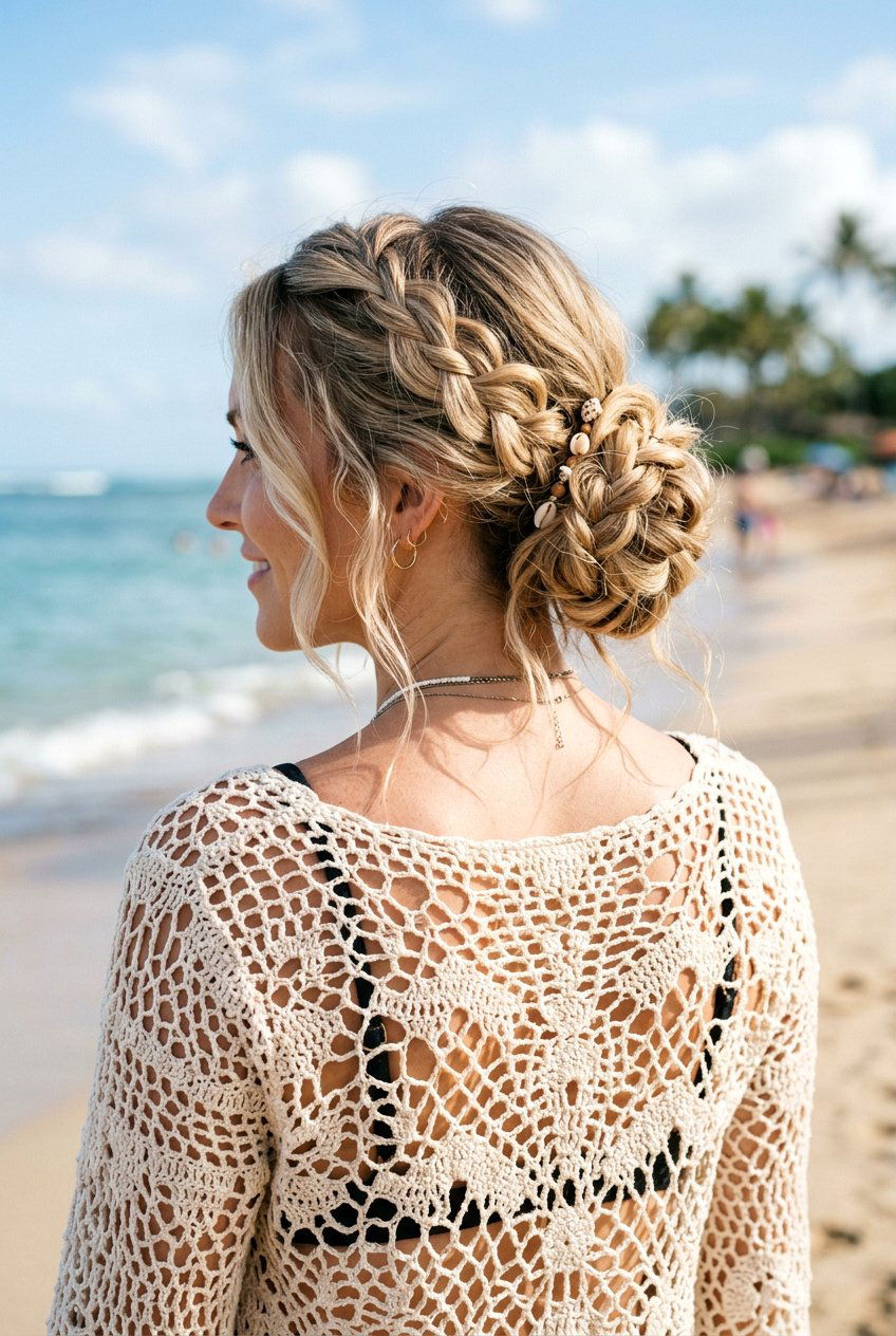 Loose Boho Braided Bun - 20 pool day braid bun hairstyle - 20 pool day braid bun hairstyle
