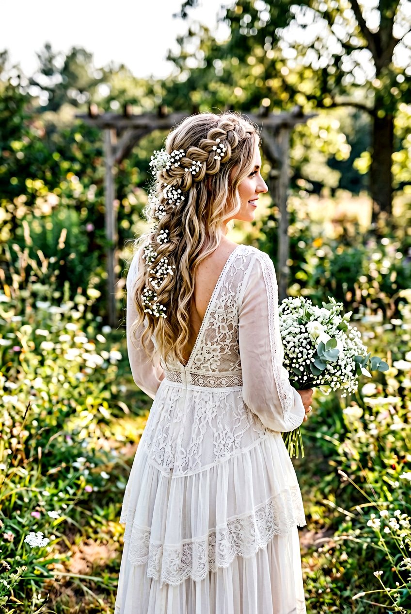 Loose Boho Crown Braid With Babys Breath Trail - 20 floral bridal braid hairstyle - 20 floral bridal braid hairstyle