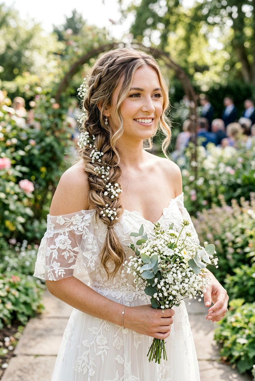 Loose Boho Side Braid With Babys Breath - 20 bridal braid with babys breath - 20 bridal braid with baby’s breath