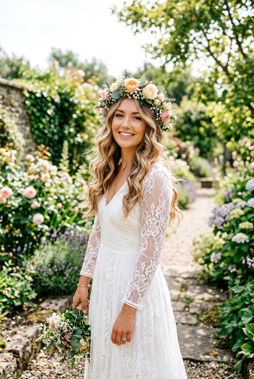 Loose Boho Waves With Flower Crown - 20 bohemian wedding hairstyles - 20 bohemian wedding hairstyles