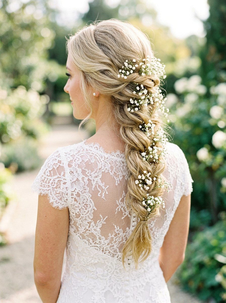 Loose Braid With Babys Breath - 20 wedding hairstyles with flowers - 20 wedding hairstyles with flowers