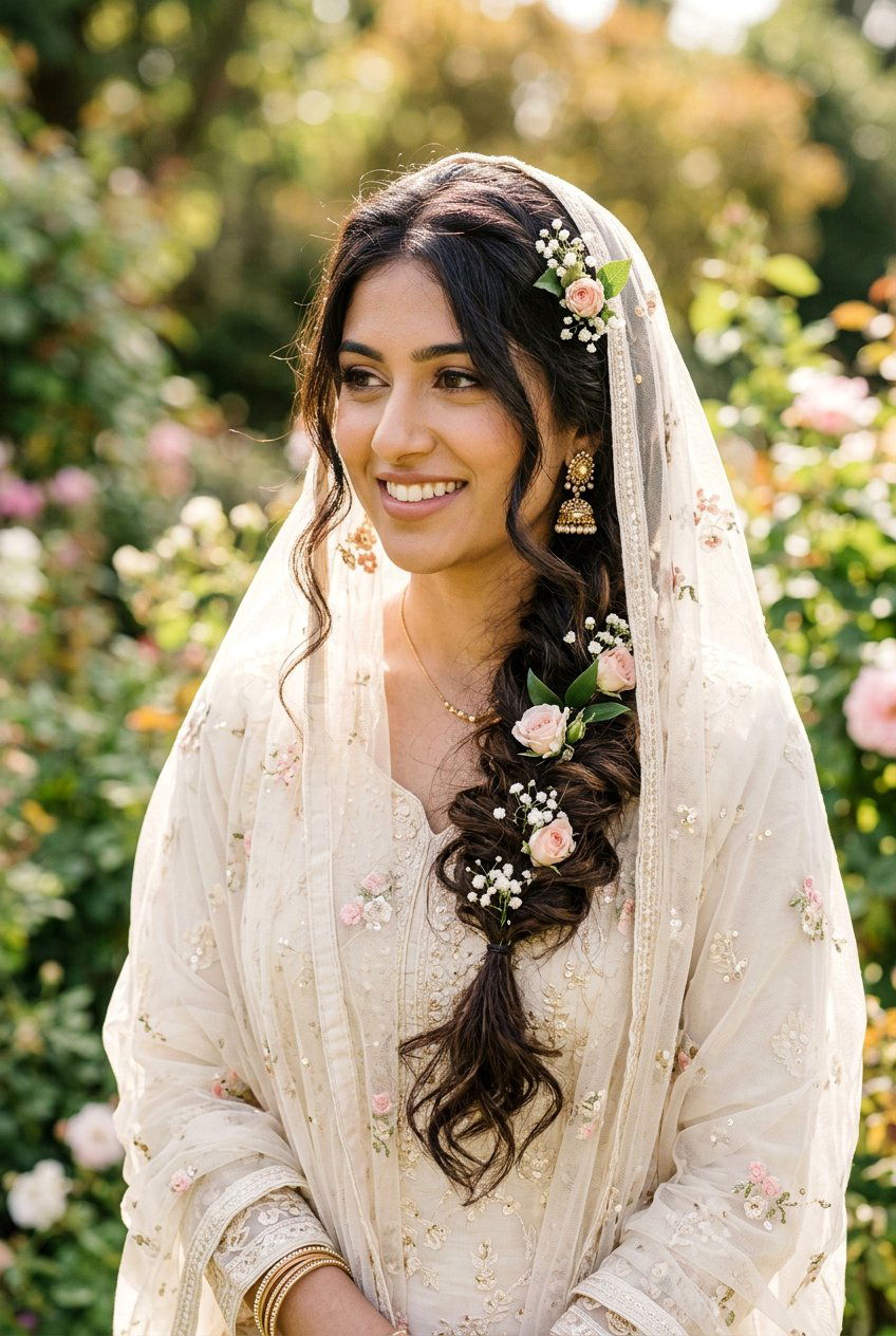 Loose Braid With Dupatta Over Head - 20 bridal hairstyles with dupatta - 20 bridal hairstyles with dupatta