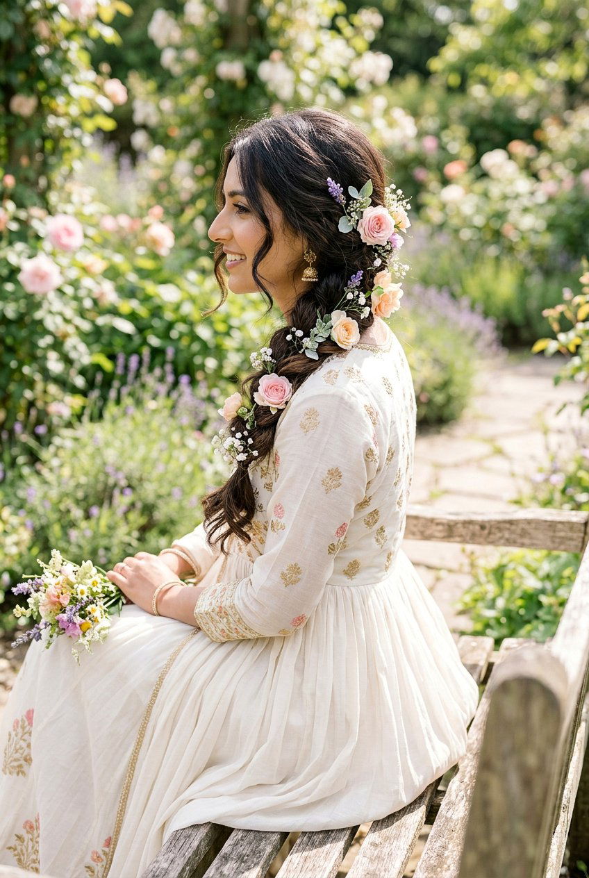 Loose Braid With Flowers - 20 sangeet hairstyles - 20 sangeet hairstyles