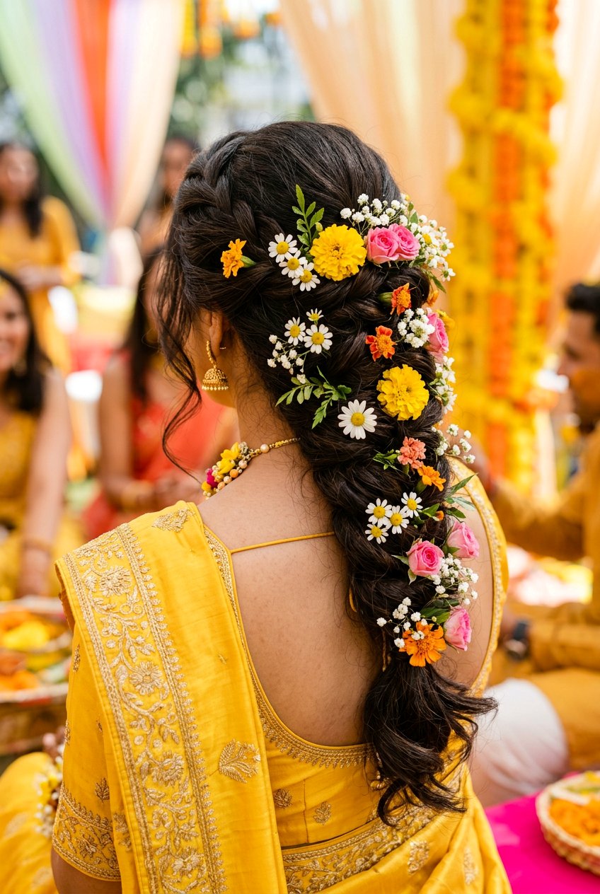 Loose Braid With Fresh Flowers Haldi Hairstyle - 20 haldi hairstyles for bride - 20 haldi hairstyles for bride