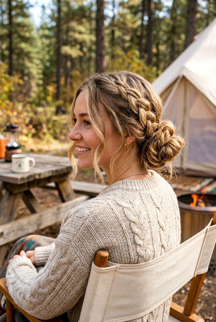 Loose Braided Bun With Face Framing Pieces For Camping - 20 camping braid bun hairstyle - 20 camping braid bun hairstyle
