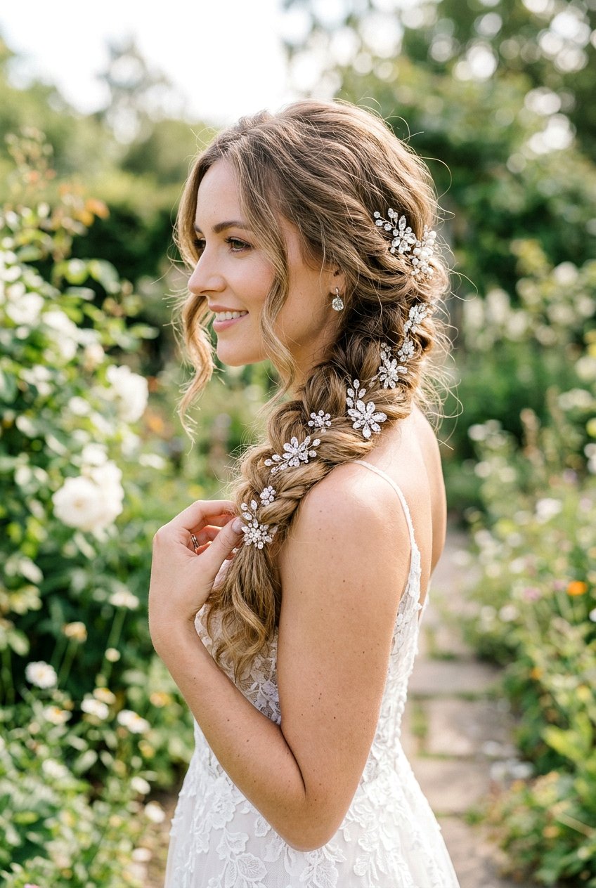 Loose Bridal Braid With Crystal Hairpins - 20 crystal hairpin bridal hairstyle - 20 crystal hairpin bridal hairstyle