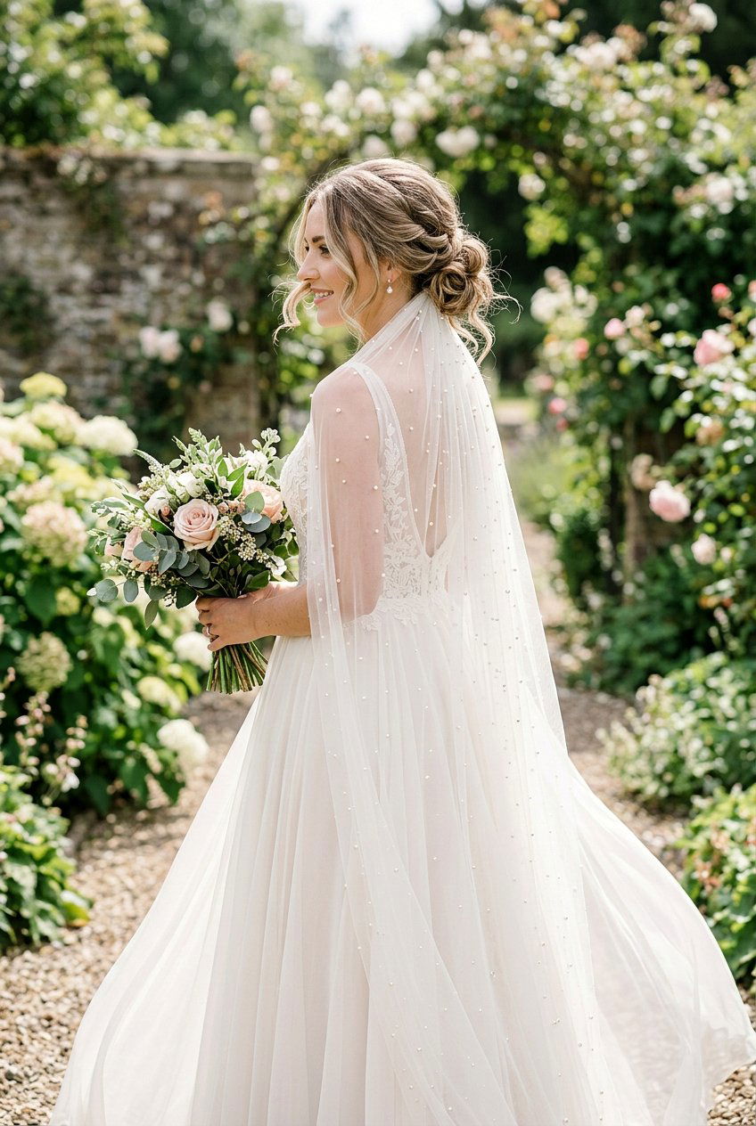 Loose Bridal Low Bun With Pearl Veil - 20 bridal low bun with pearl veil - 20 bridal low bun with pearl veil