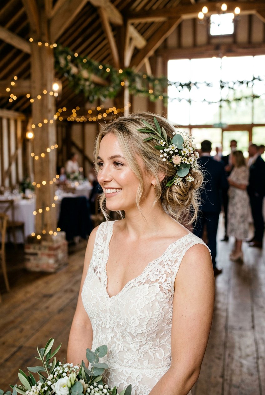 Loose Bun With Greenery And Small Blooms - 20 wedding bun with flowers - 20 wedding bun with flowers
