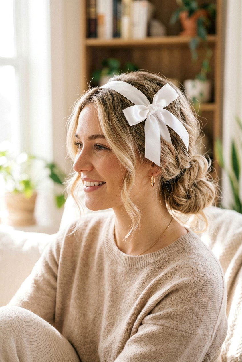 Loose Bun With Ribbon Headband - 20 coquette bow bun hairstyle - 20 coquette bow bun hairstyle