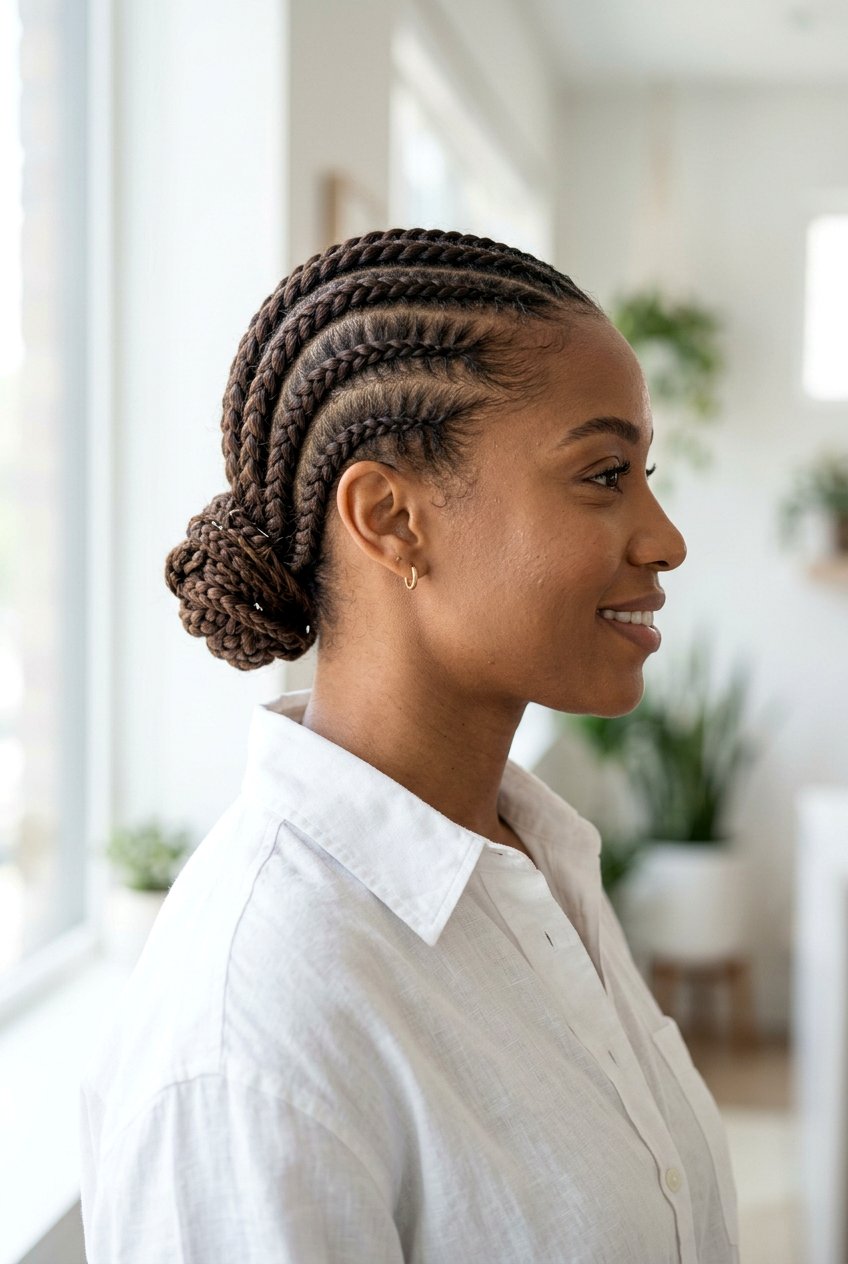Loose Cornrows Into a Bun - 20 low tension protective hairstyles - 20 low tension protective hairstyles