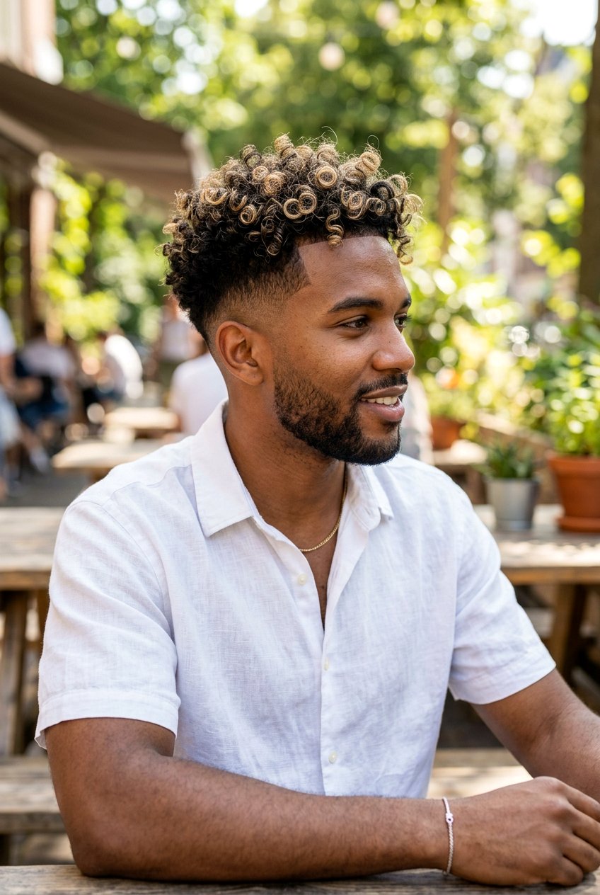 Loose Curl Taper with Blonde Highlights - 20 curly taper cut with blonde highlights - 20 curly taper cut with blonde highlights