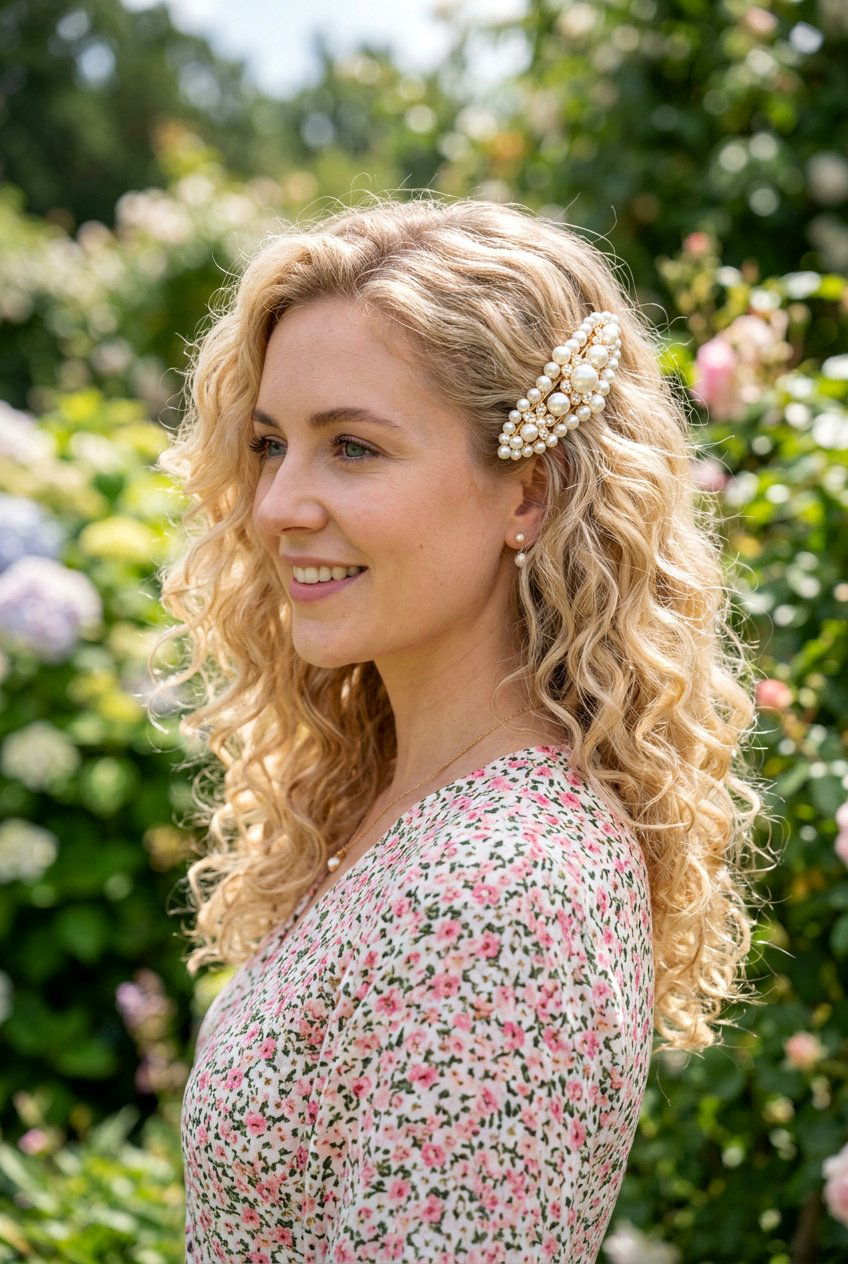 Loose Curls With Pearl Clip - 20 side swept curls for wedding guest - 20 side swept curls for wedding guest