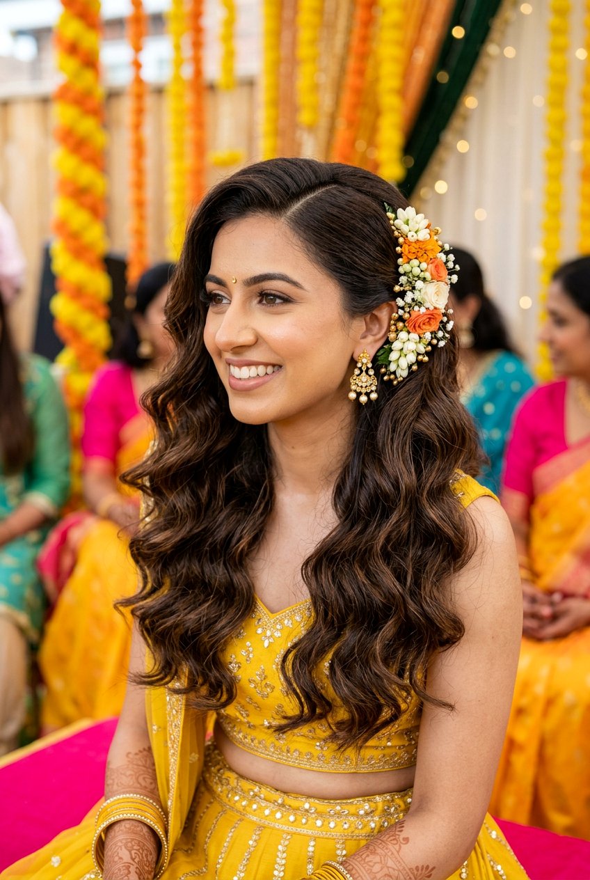 Loose Curls With Side Part Haldi Hairstyle - 20 haldi hairstyles for bride - 20 haldi hairstyles for bride