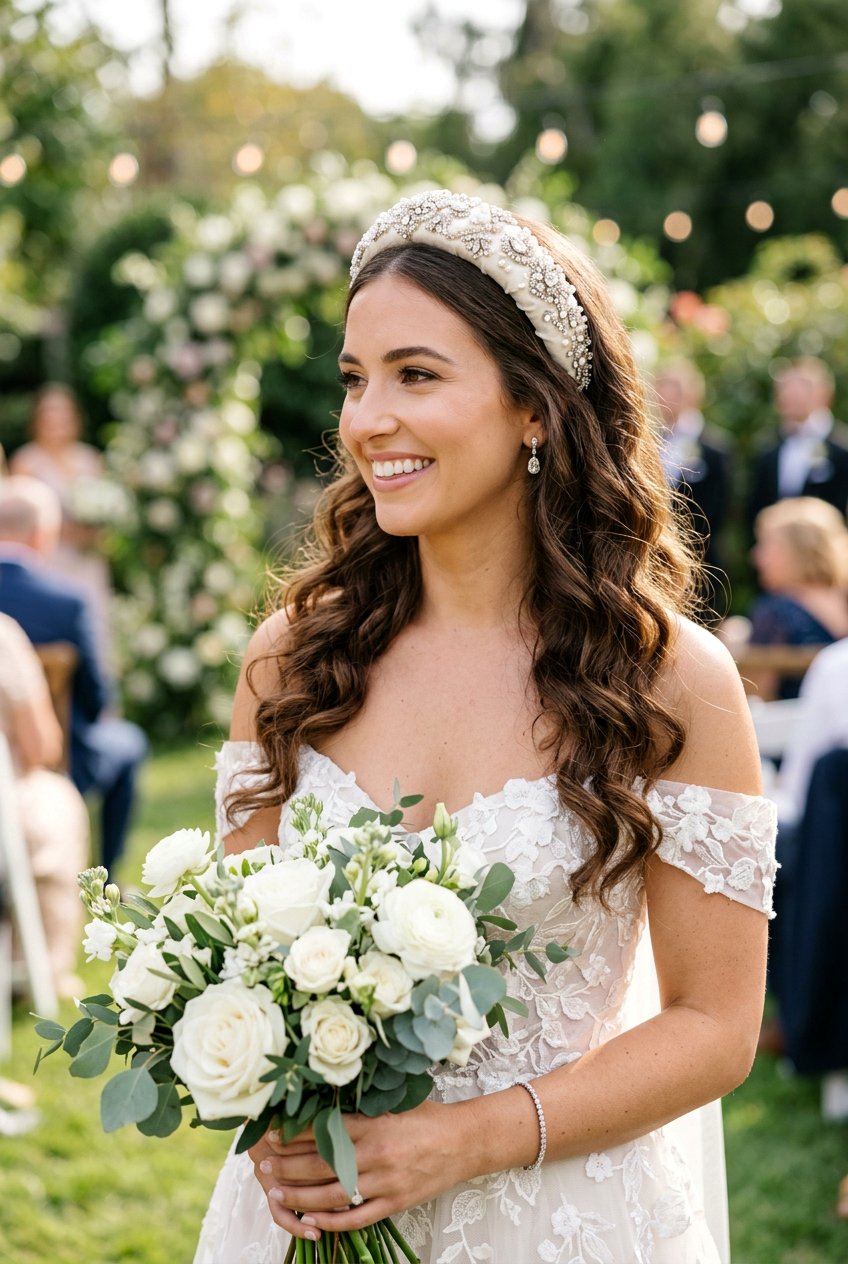 Loose Curls with Headband - 20 elegant bridal hairstyle for medium hair - 20 elegant bridal hairstyle for medium hair