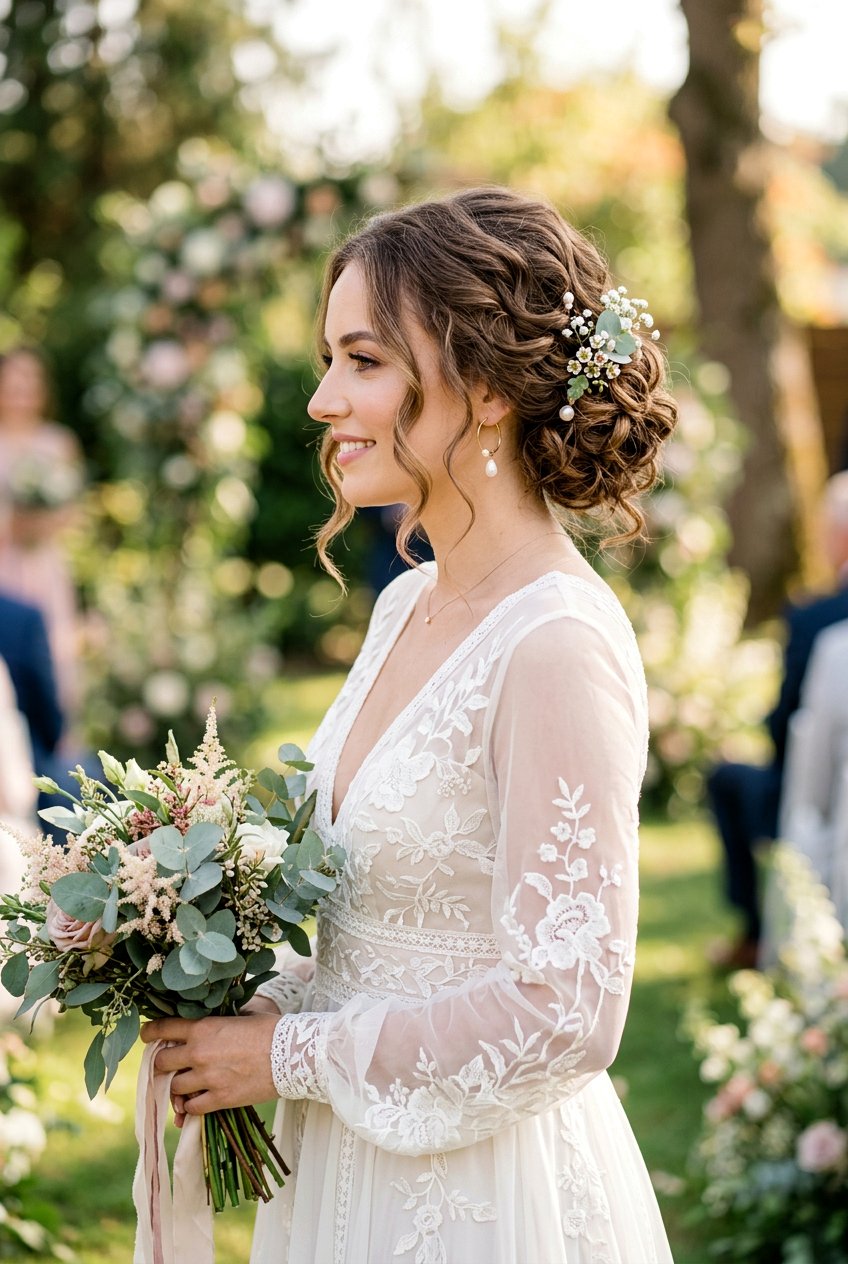 Loose Curly Bridal Bun - 20 bridal hairstyle for long natural curls - 20 bridal hairstyle for long natural curls