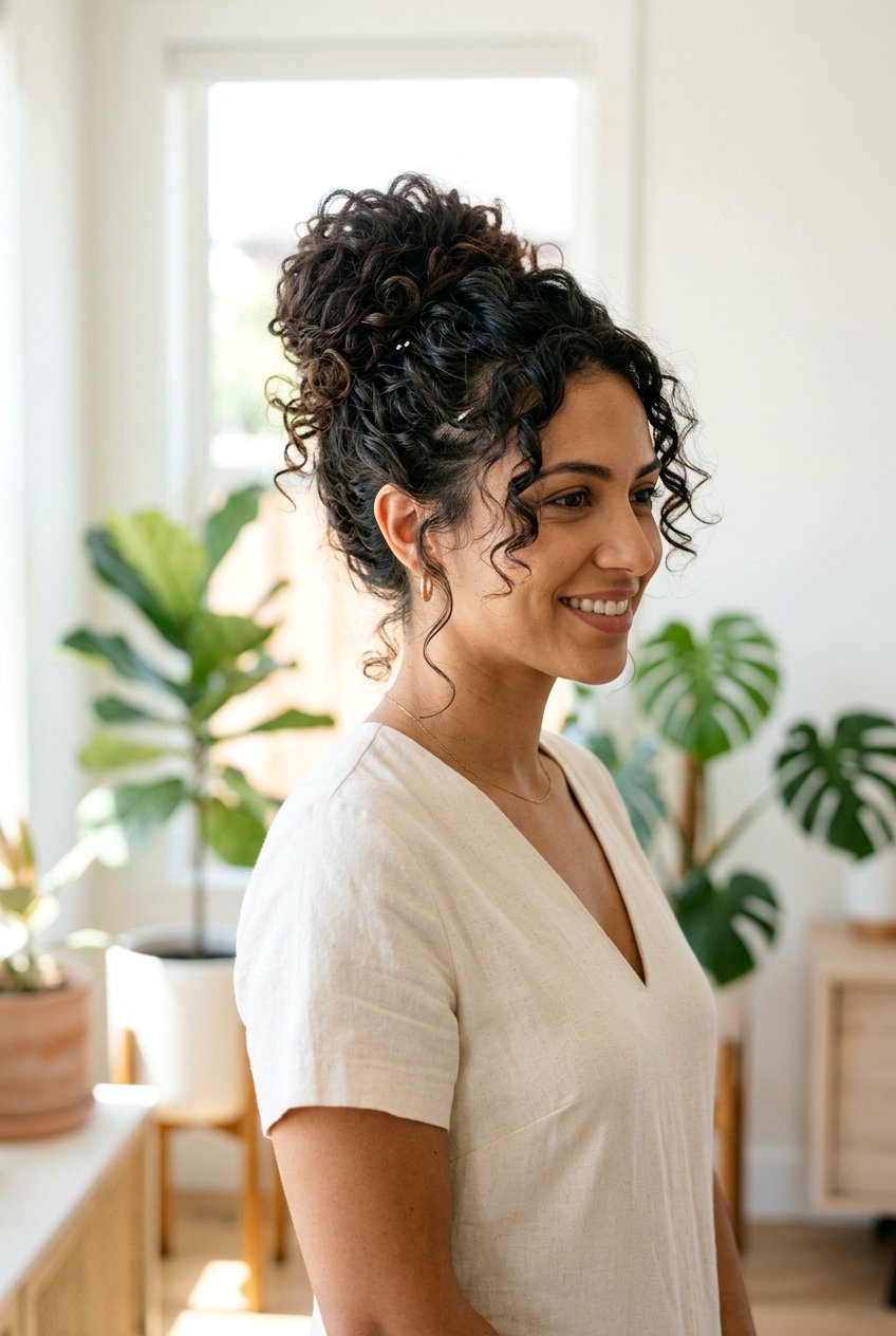 Loose Curly Bun Updo - 20 soft curls updo hairstyle - 20 soft curls updo hairstyle