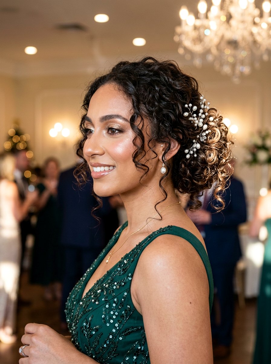 Loose Curly Bun With Pearl Sprays - 20 pearl embellished bun hairstyle - 20 pearl embellished bun hairstyle