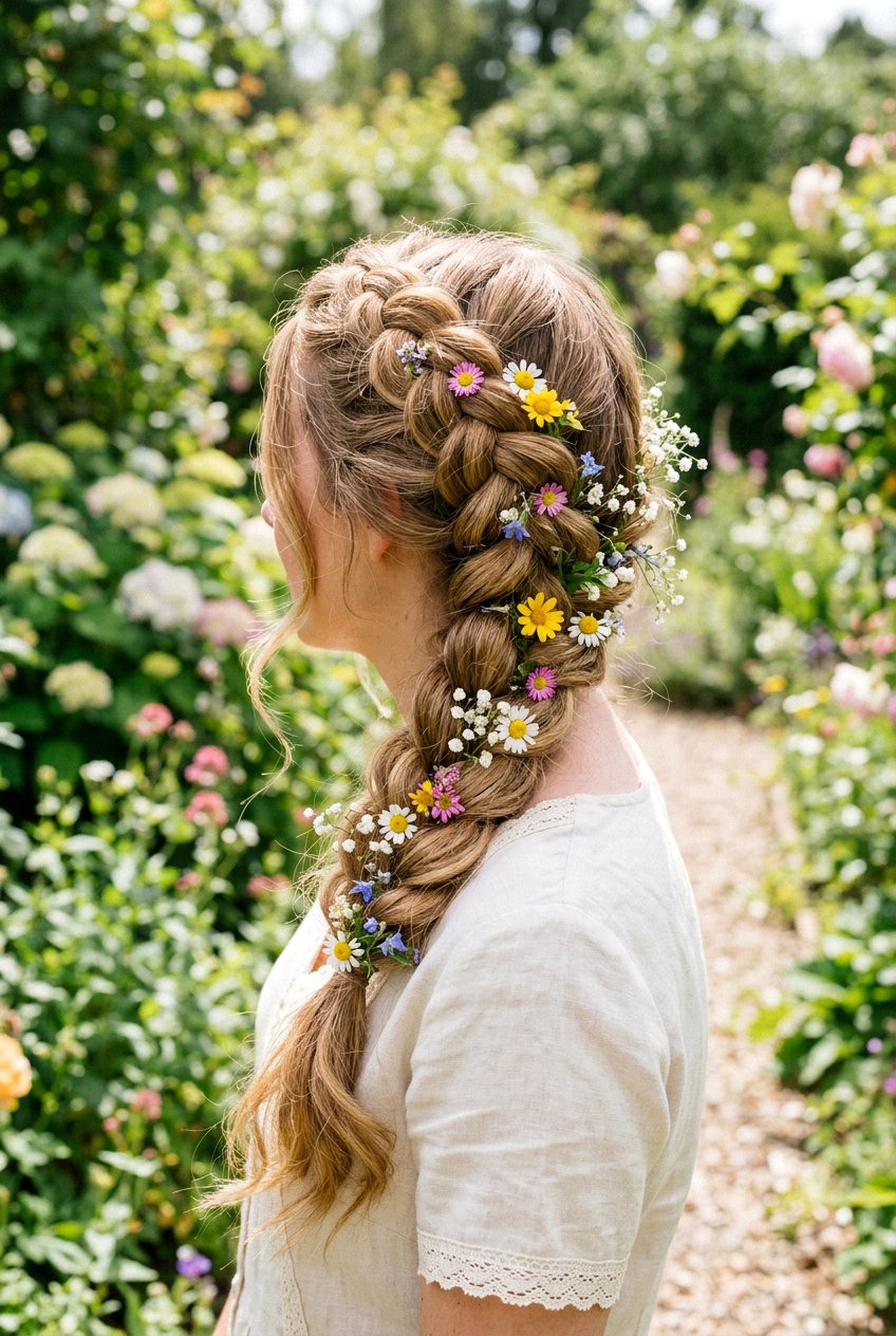 Loose Dutch Braid With Wildflowers - 20 fairycore braid hairstyle with flowers - 20 fairycore braid hairstyle with flowers